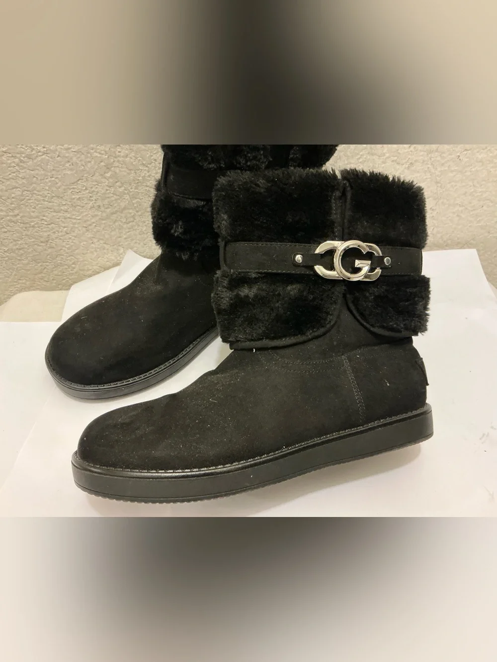 G by Guess Black Faux Fur Ankle Boots with Silver Accent